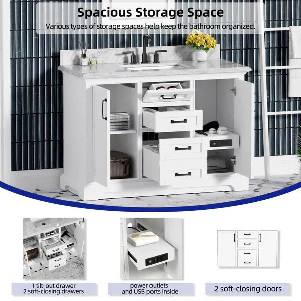 OasisTile VeraLuxe 48" White Vanity Set with Authentic Italian Carrara Marble Top Horizon Tile