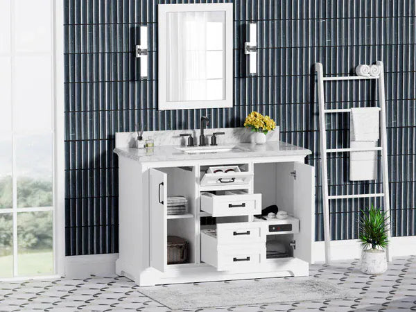OasisTile VeraLuxe 48" White Vanity Set with Authentic Italian Carrara Marble Top Horizon Tile