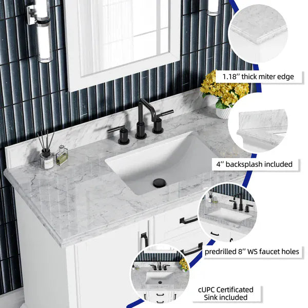 OasisTile VeraLuxe 48" White Vanity Set with Authentic Italian Carrara Marble Top Horizon Tile