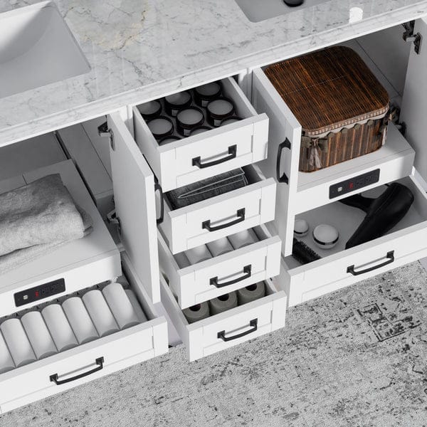 OasisTile VeraLuxe 60" White Vanity Set with Authentic Italian Carrara Marble Top Horizon Tile