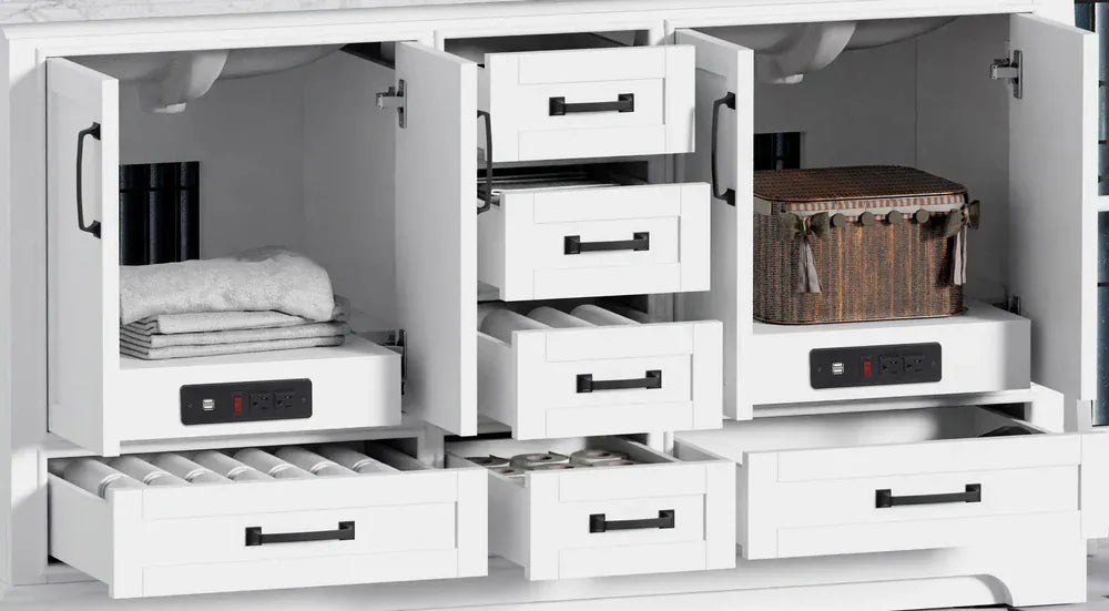 OasisTile VeraLuxe 60" White Vanity Set with Authentic Italian Carrara Marble Top Horizon Tile