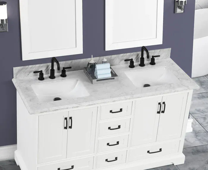 OasisTile VeraLuxe 60" White Vanity Set with Authentic Italian Carrara Marble Top Horizon Tile
