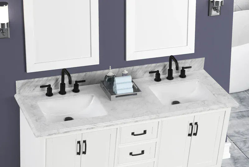OasisTile VeraLuxe 60" White Vanity Set with Authentic Italian Carrara Marble Top Horizon Tile