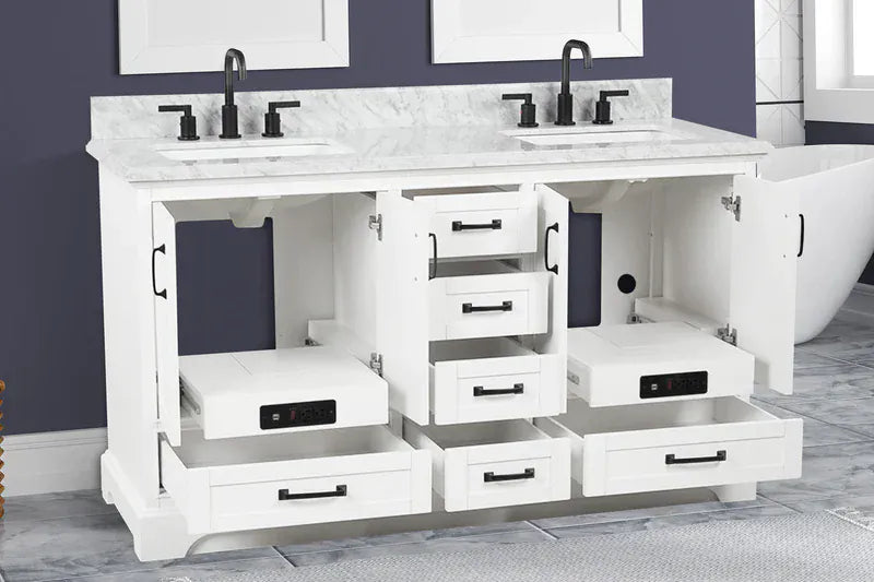 OasisTile VeraLuxe 60" White Vanity Set with Authentic Italian Carrara Marble Top Horizon Tile