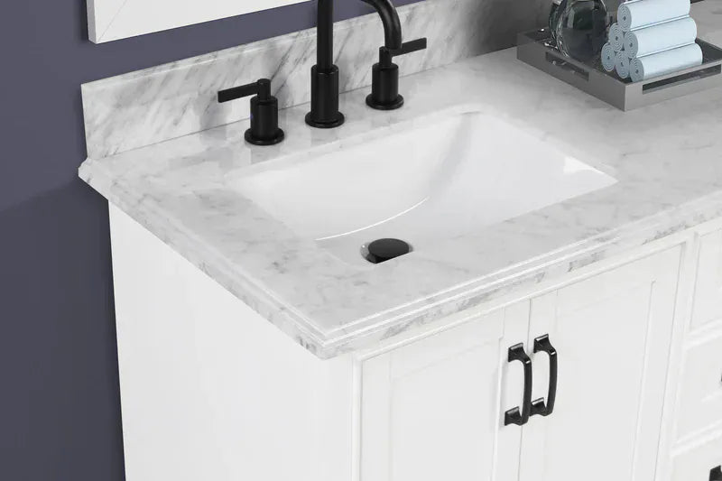 OasisTile VeraLuxe 60" White Vanity Set with Authentic Italian Carrara Marble Top Horizon Tile