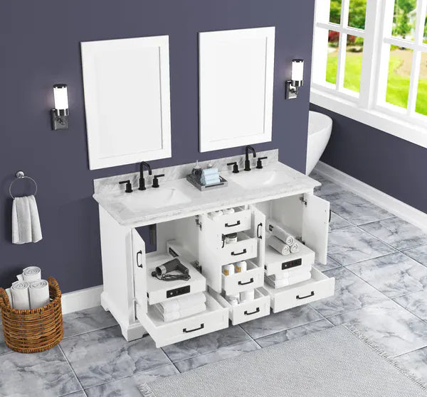 OasisTile VeraLuxe 60" White Vanity Set with Authentic Italian Carrara Marble Top Horizon Tile