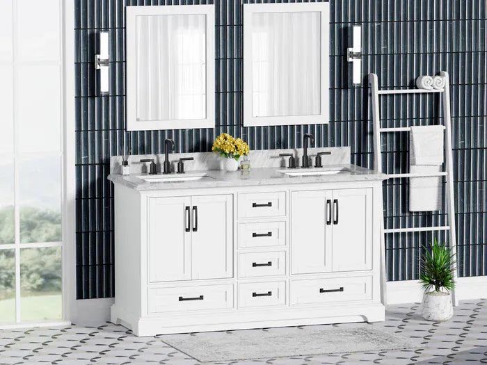 OasisTile VeraLuxe 60" White Vanity Set with Authentic Italian Carrara Marble Top Horizon Tile