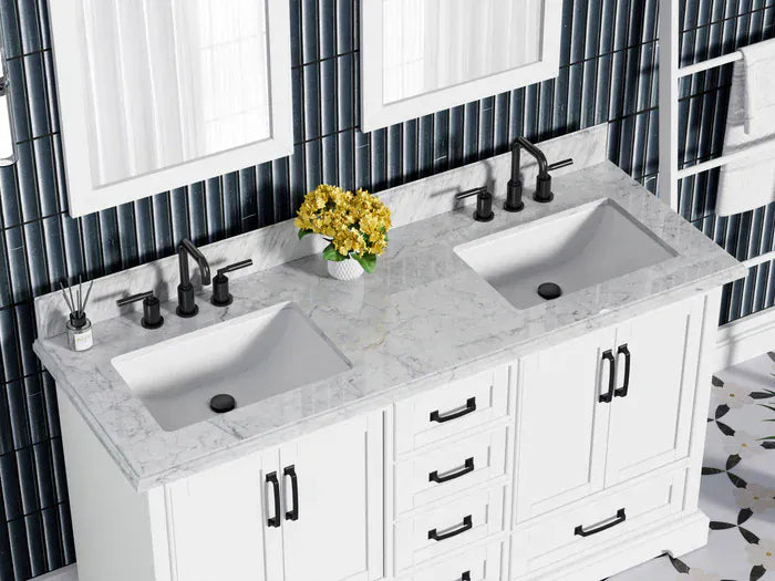 OasisTile VeraLuxe 60" White Vanity Set with Authentic Italian Carrara Marble Top Horizon Tile