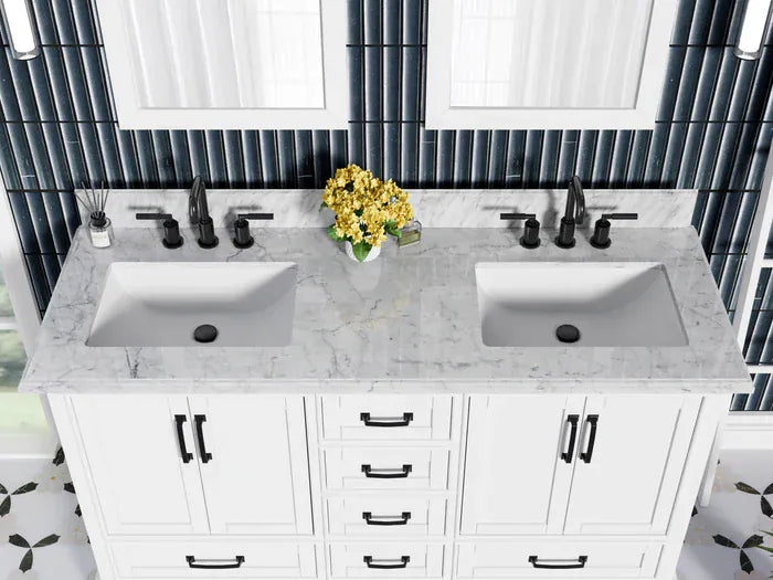 OasisTile VeraLuxe 60" White Vanity Set with Authentic Italian Carrara Marble Top Horizon Tile