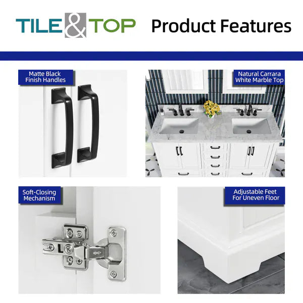 OasisTile VeraLuxe 60" White Vanity Set with Authentic Italian Carrara Marble Top Horizon Tile