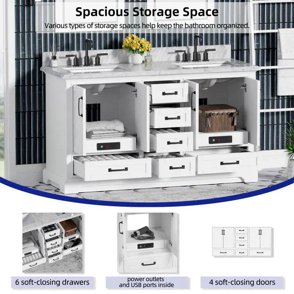 OasisTile VeraLuxe 60" White Vanity Set with Authentic Italian Carrara Marble Top Horizon Tile