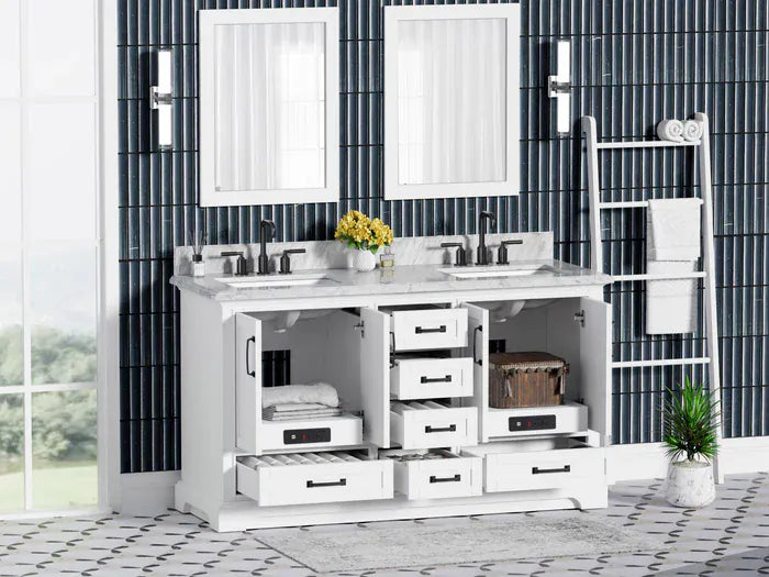 OasisTile VeraLuxe 60" White Vanity Set with Authentic Italian Carrara Marble Top Horizon Tile