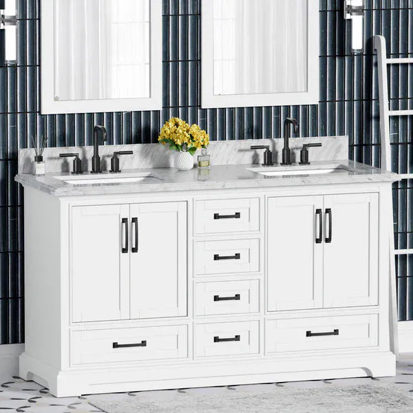 OasisTile VeraLuxe 60" White Vanity Set with Authentic Italian Carrara Marble Top Horizon Tile