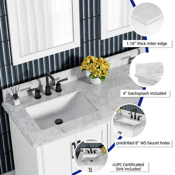 OasisTile VeraLuxe 60" White Vanity Set with Authentic Italian Carrara Marble Top Horizon Tile