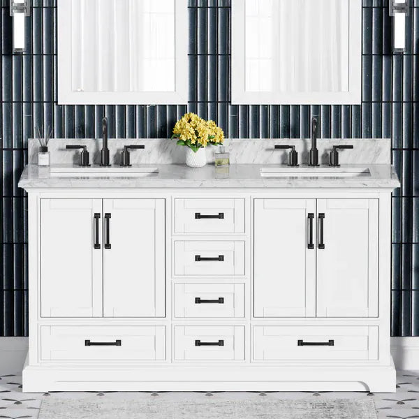 OasisTile VeraLuxe 60" White Vanity Set with Authentic Italian Carrara Marble Top Horizon Tile
