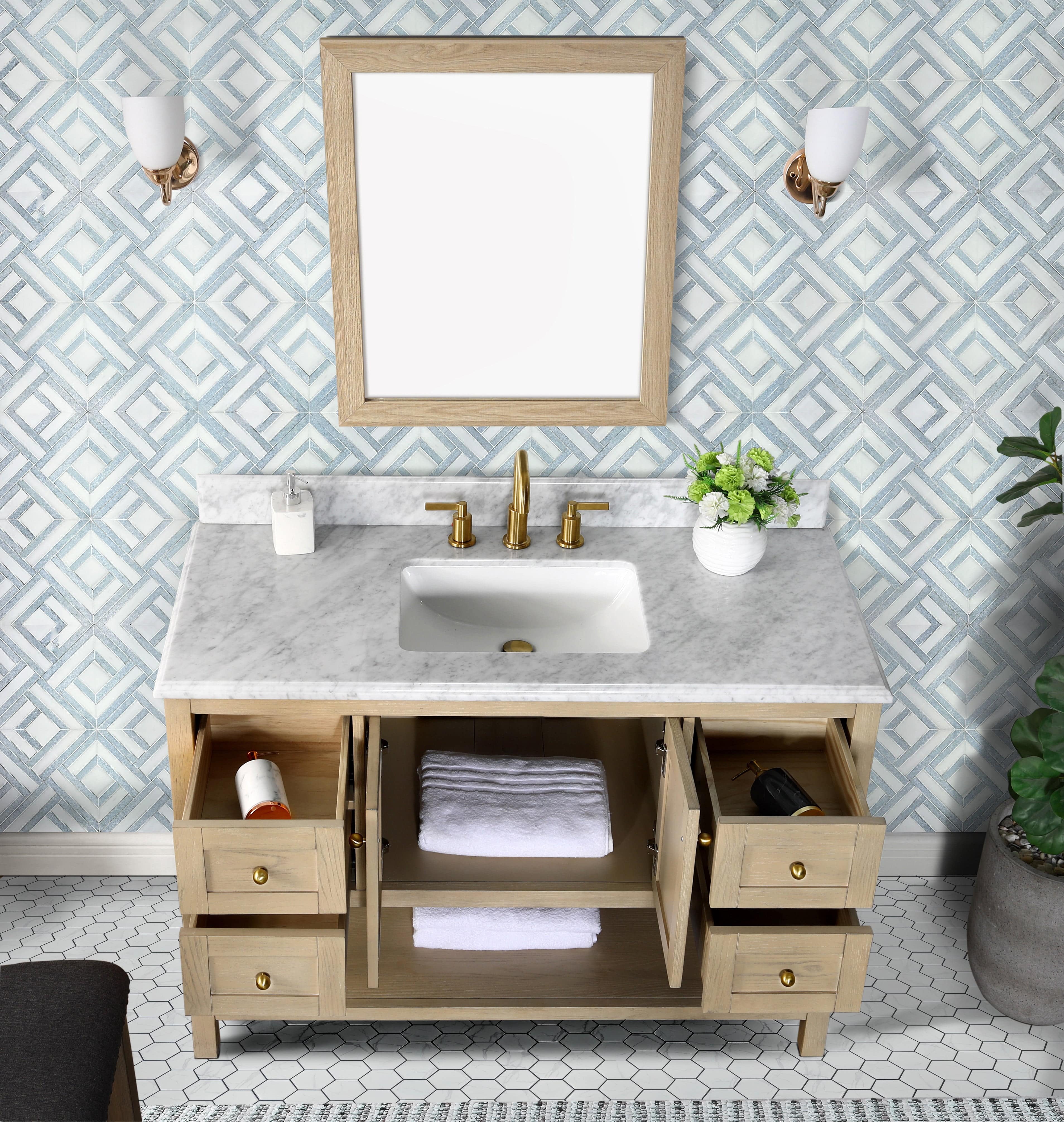 Salem 48" Double Vanity with Carrara White Marble Top Horizon Tile