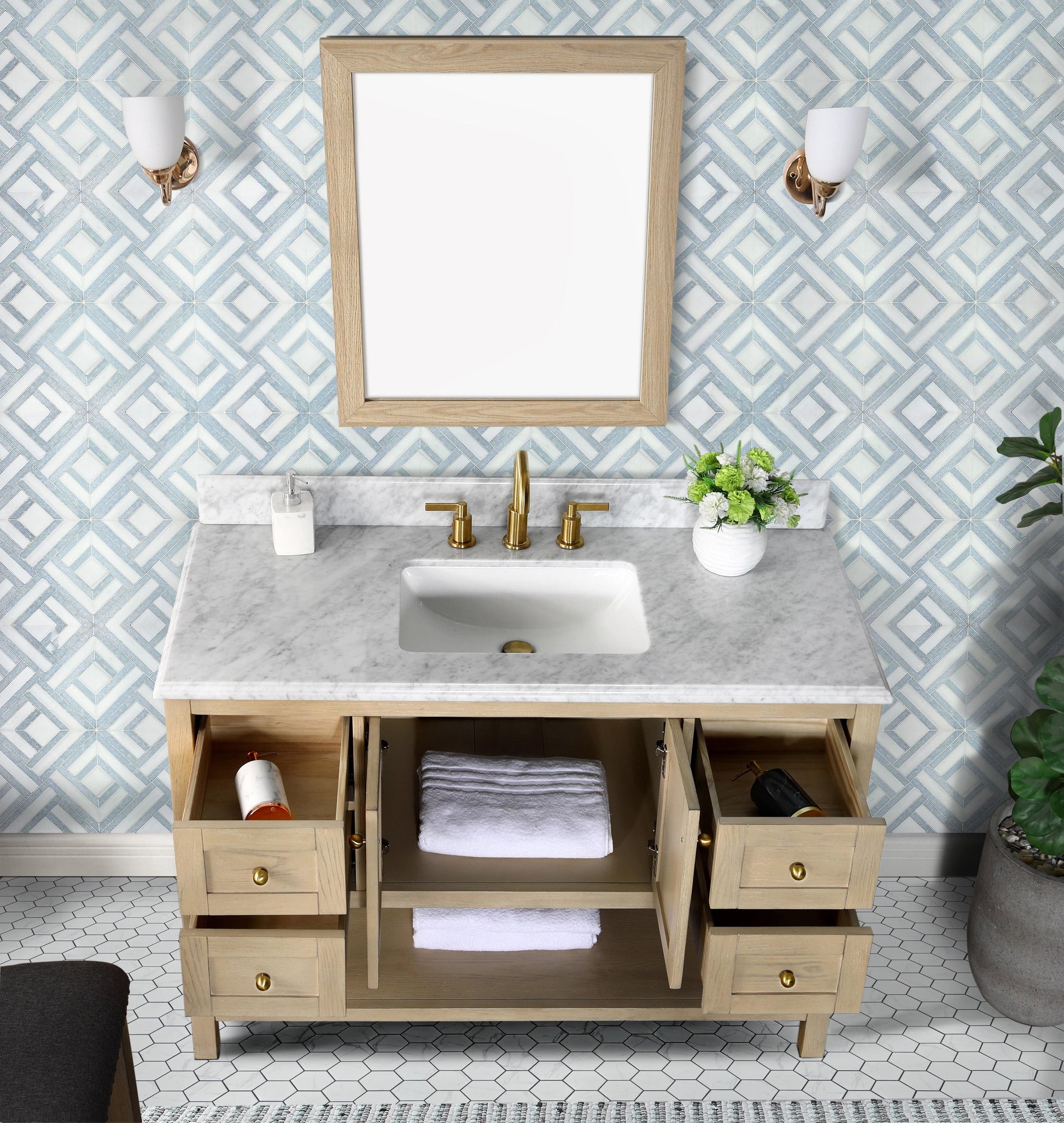 Salem 48" Double Vanity with Carrara White Marble Top Horizon Tile