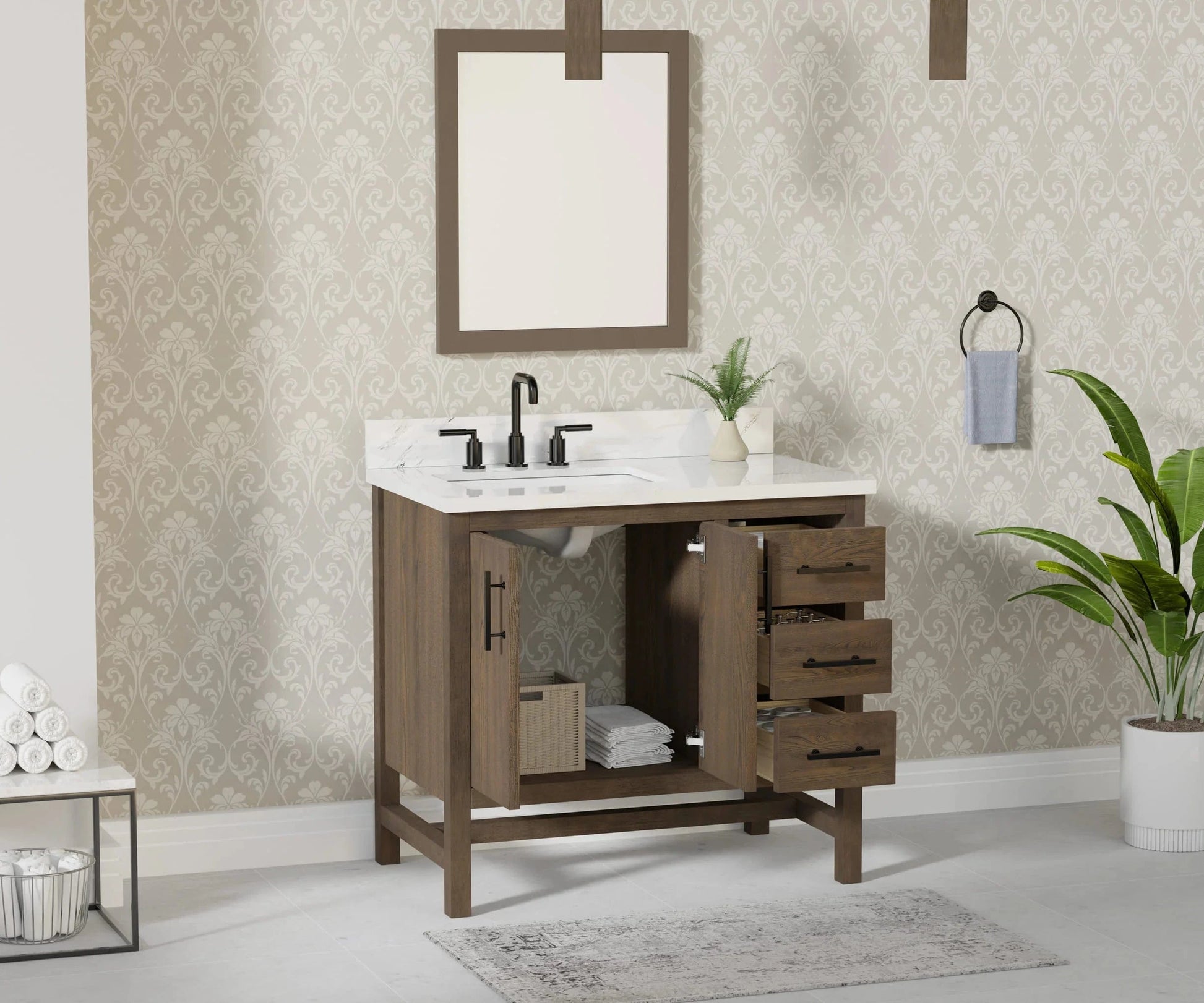 Solon 36” Vanity Family Set with Calacatta Sintered Stone Top Horizon Tile