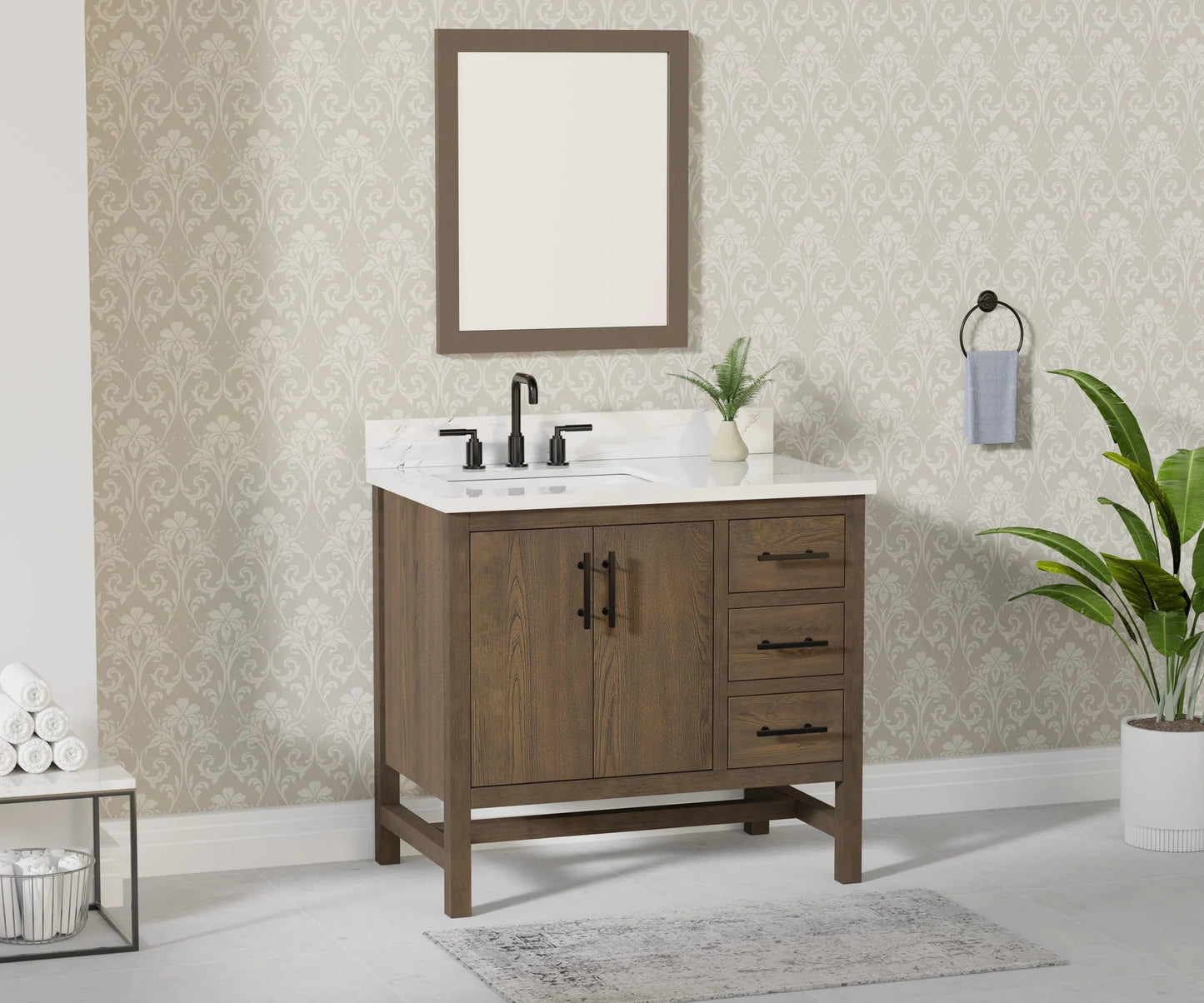 Solon 36” Vanity Family Set with Calacatta Sintered Stone Top Horizon Tile