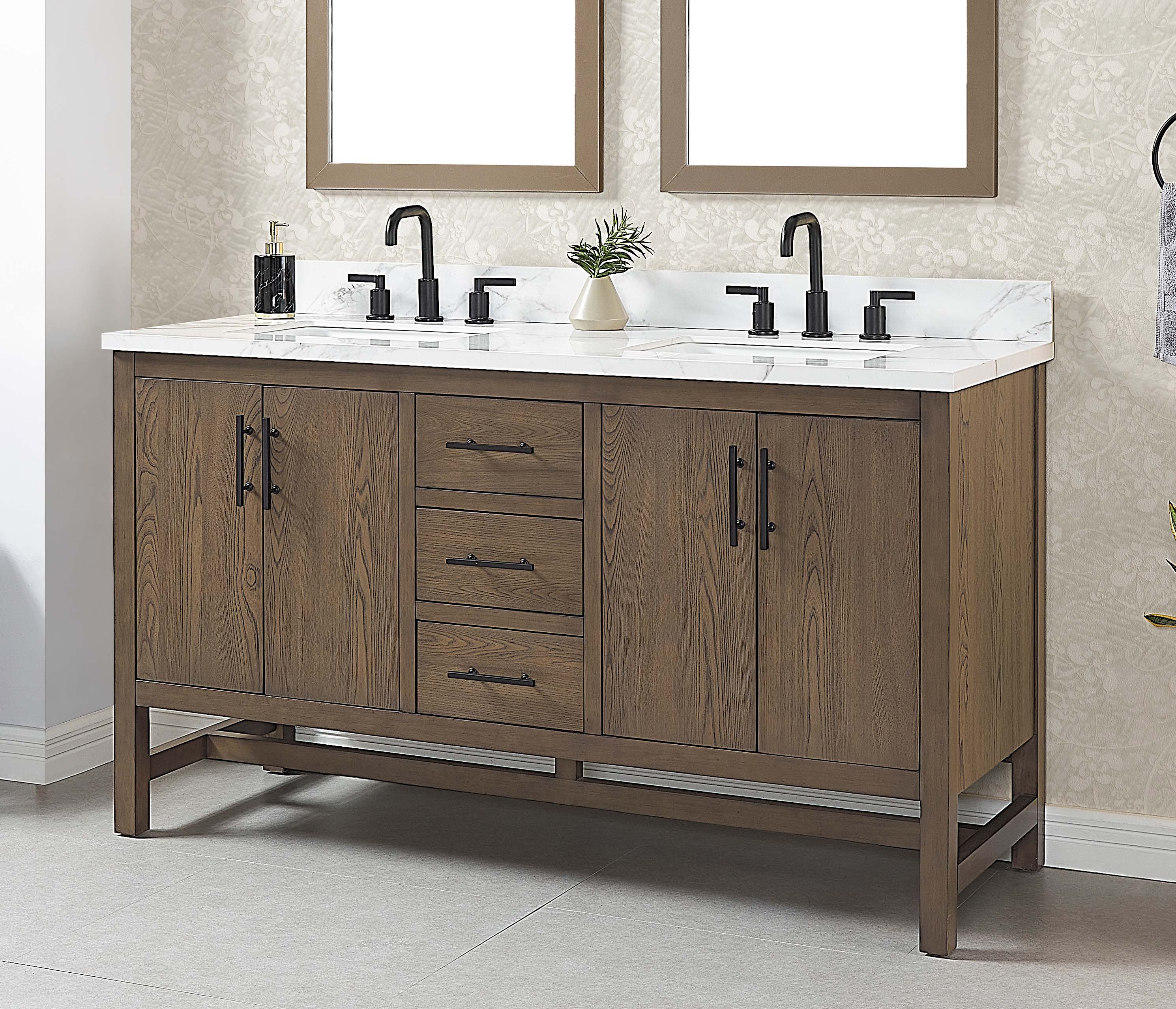 Solon 60“ Vanity Family Set with Calacatta Sintered Stone Top Horizon Tile