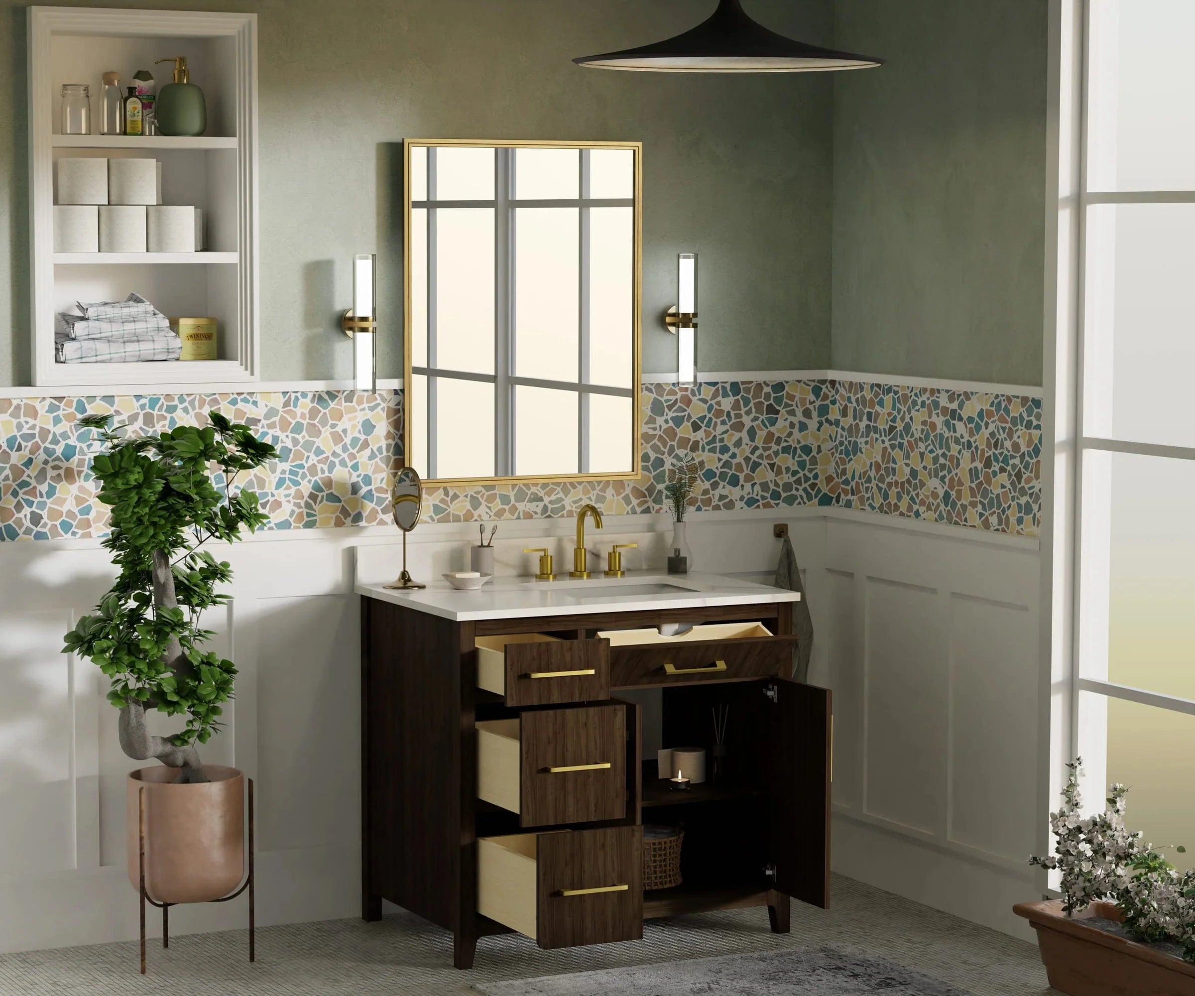 Warner 36" Single Vanity With Columbia White Marble Top Horizon Tile