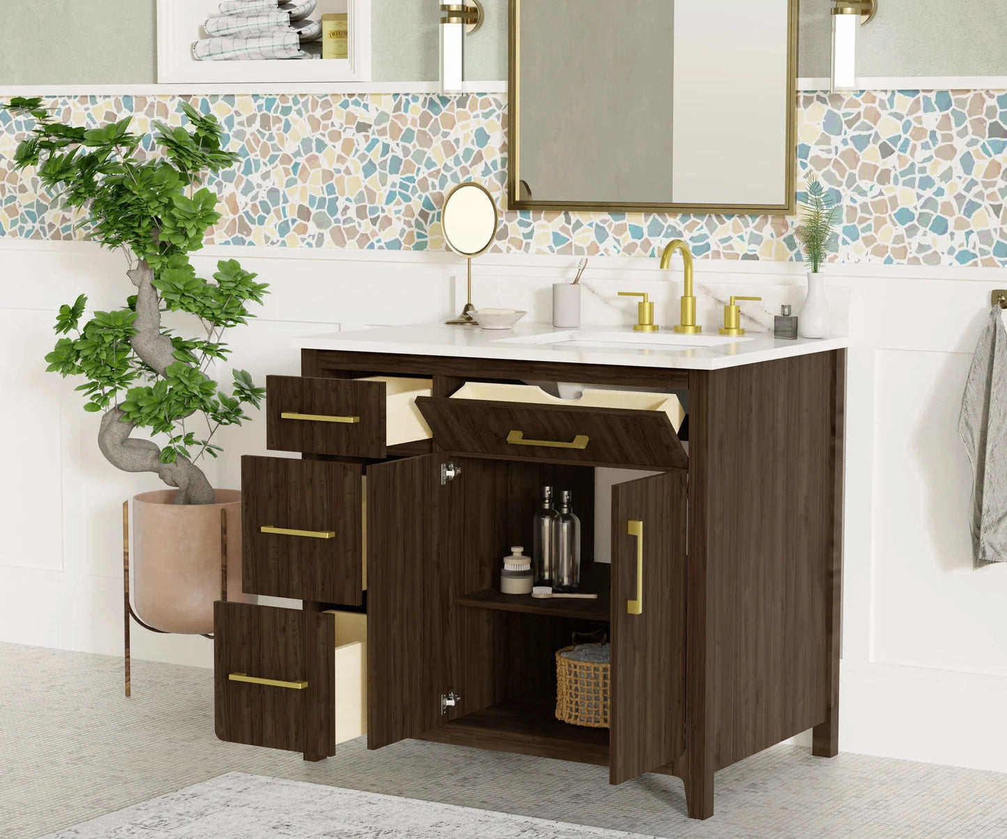 Warner 36" Single Vanity With Columbia White Marble Top Horizon Tile
