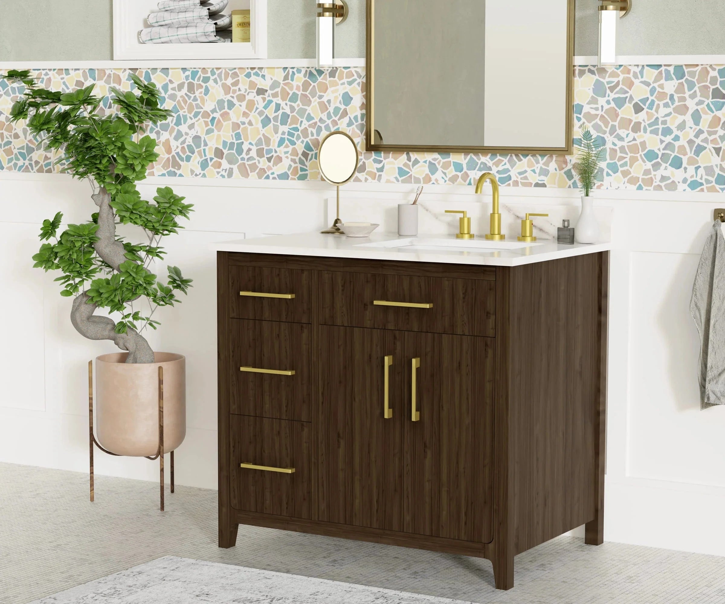 Warner 36" Single Vanity With Columbia White Marble Top Horizon Tile