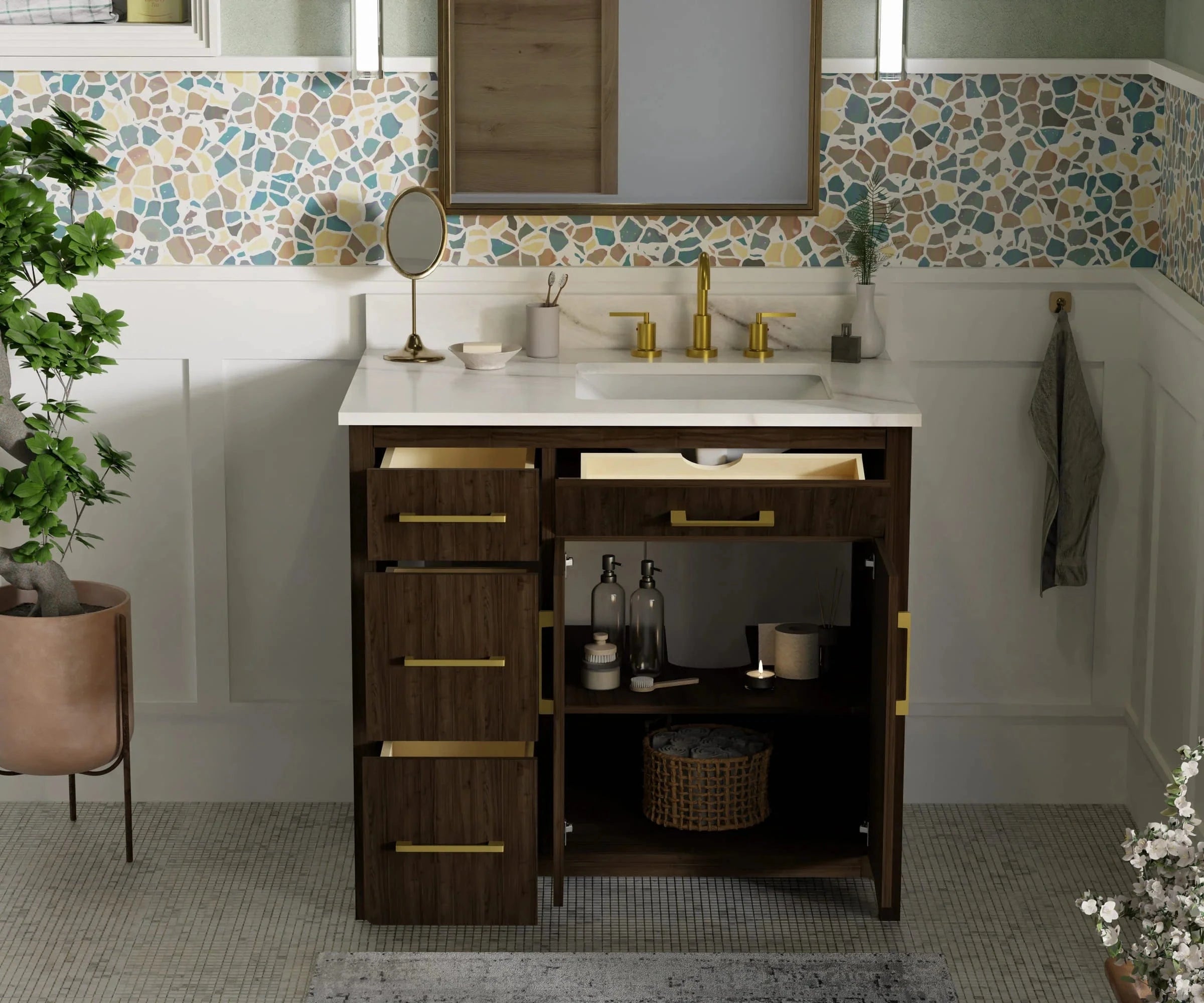 Warner 36" Single Vanity With Columbia White Marble Top Horizon Tile