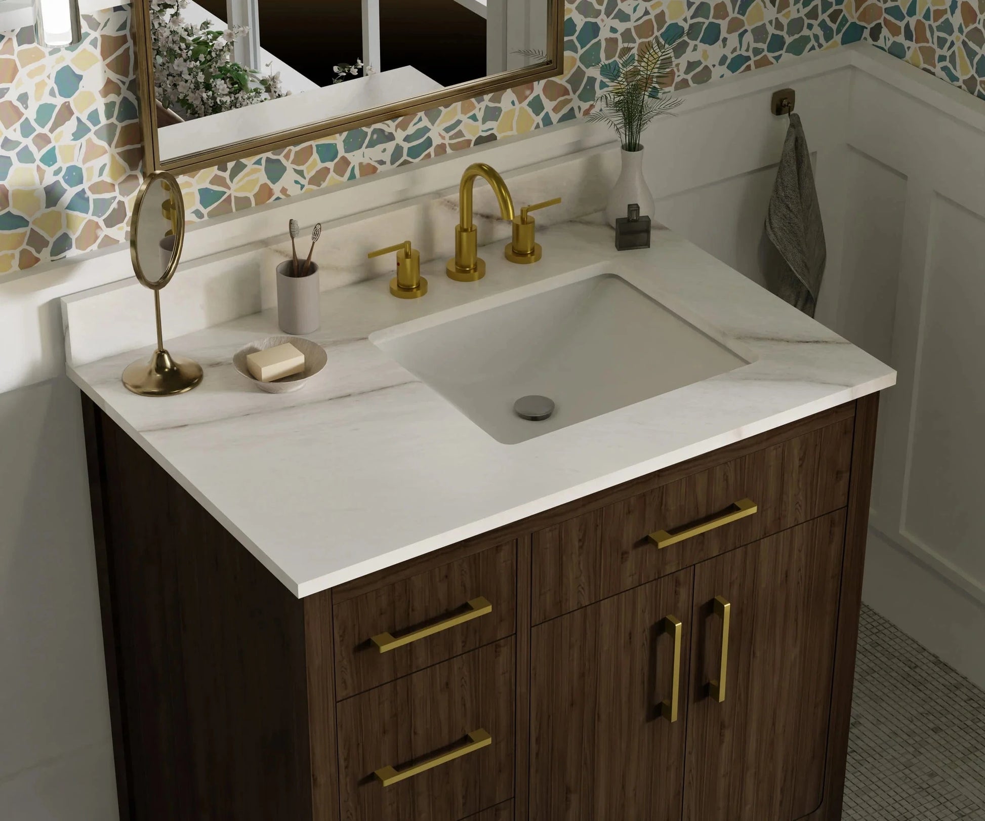 Warner 36" Single Vanity With Columbia White Marble Top Horizon Tile