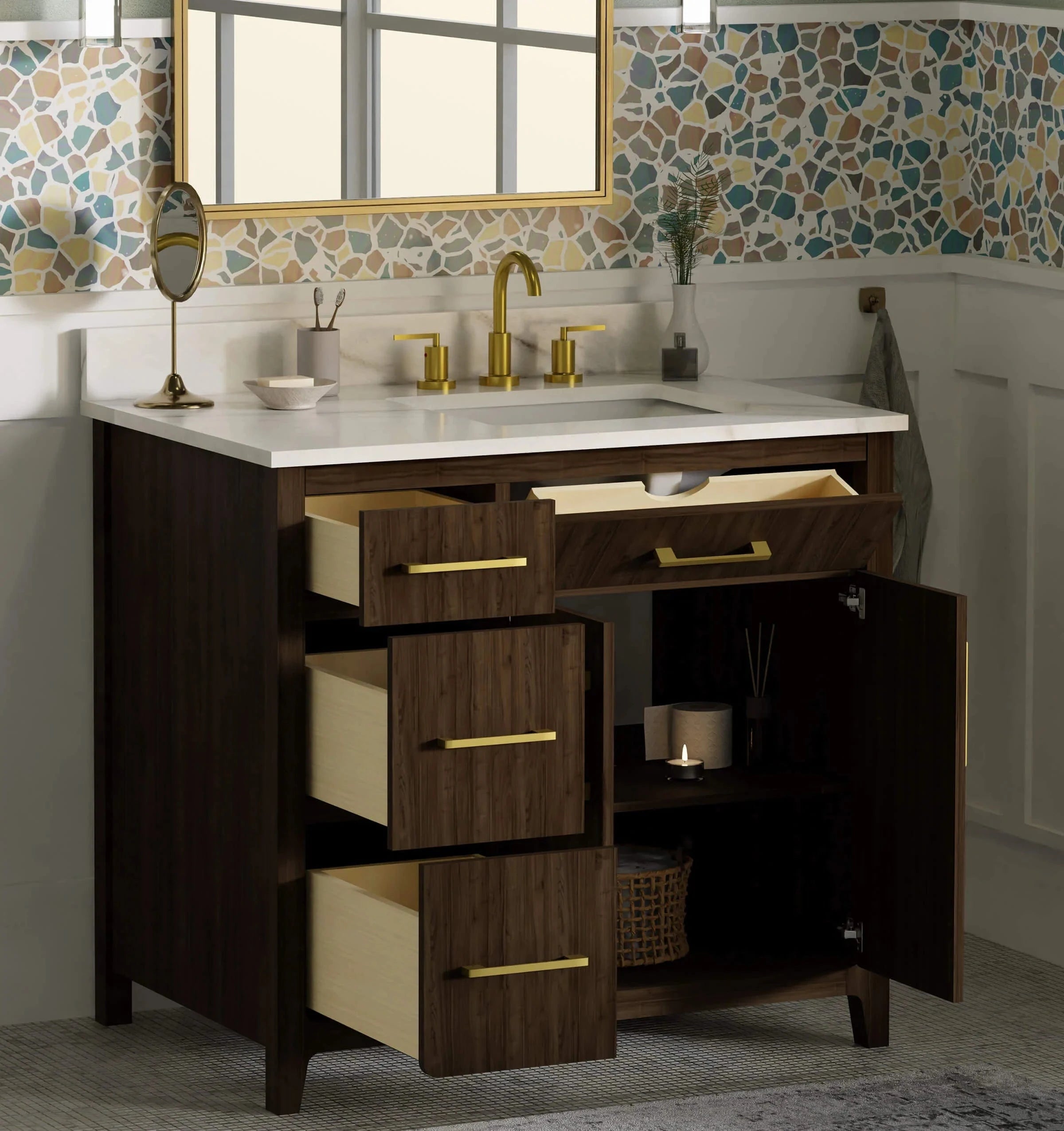 Warner 36" Single Vanity With Columbia White Marble Top Horizon Tile