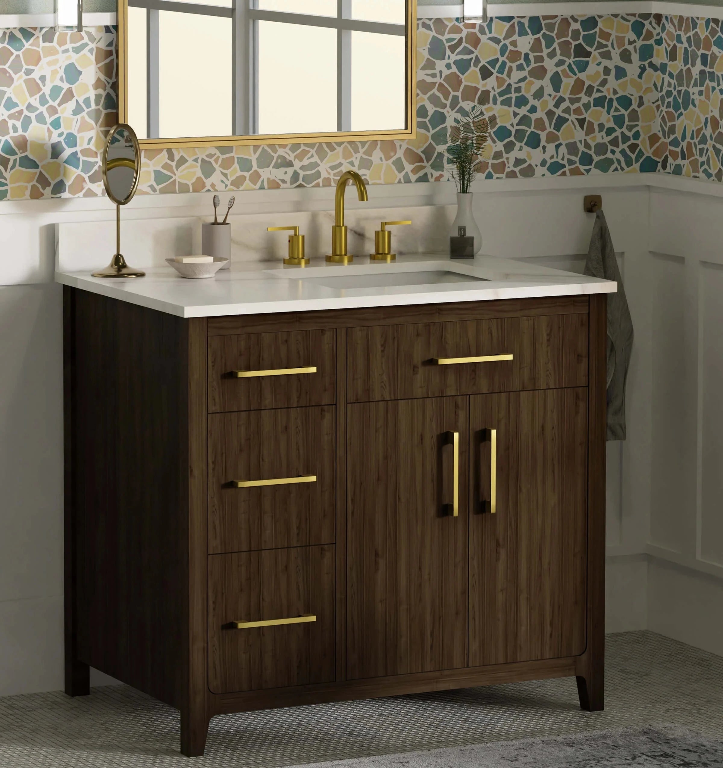 Warner 36" Single Vanity With Columbia White Marble Top Horizon Tile