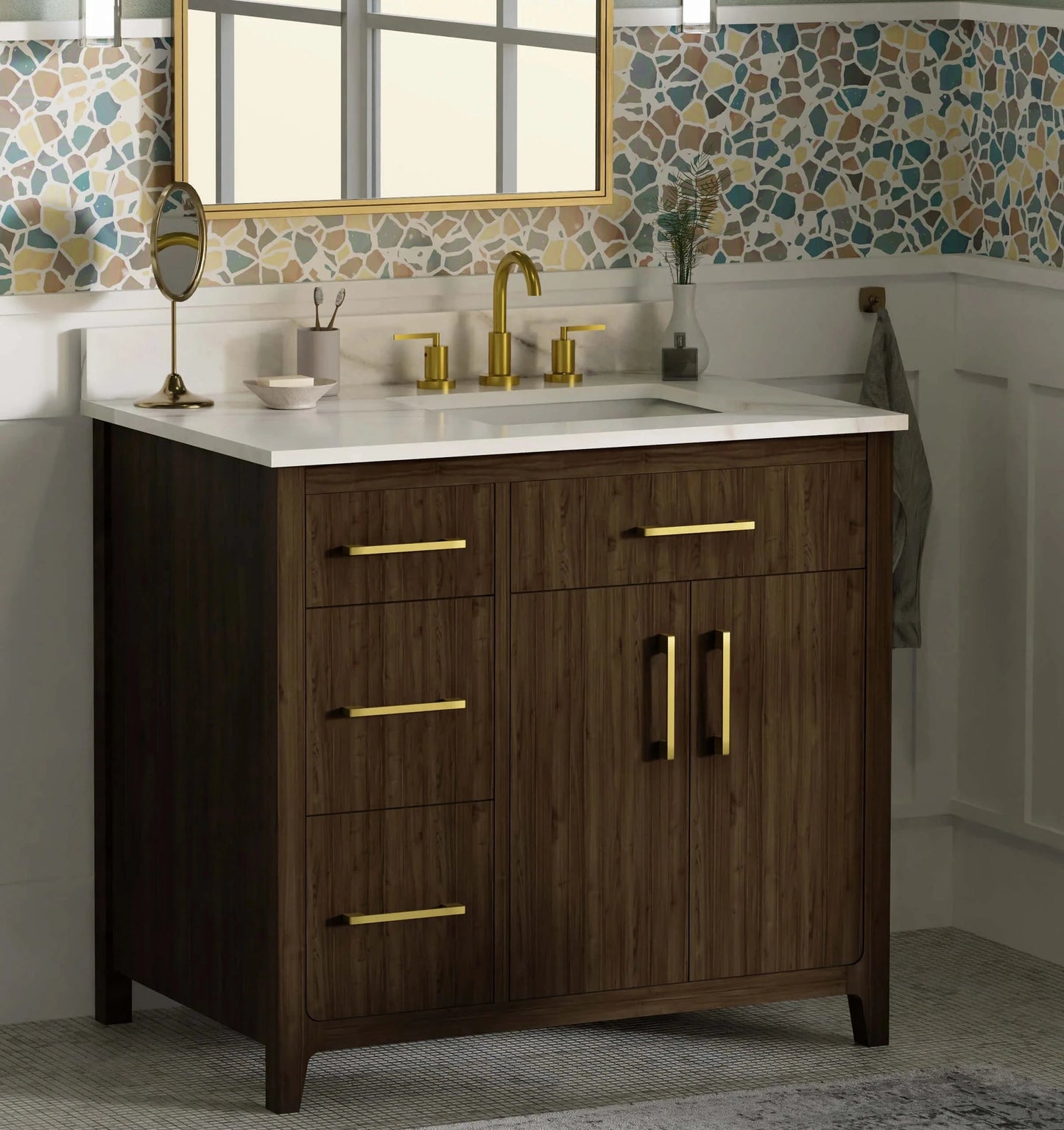 Warner 36" Single Vanity With Columbia White Marble Top Horizon Tile