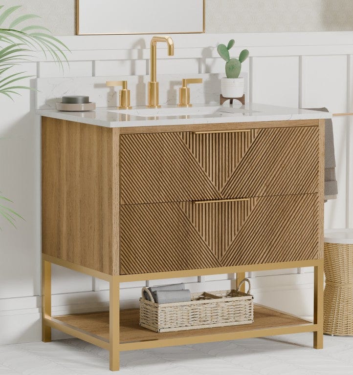 Waymart 30.5" Vanity Combo Brown Oak with White Quartz Top Horizon Tile