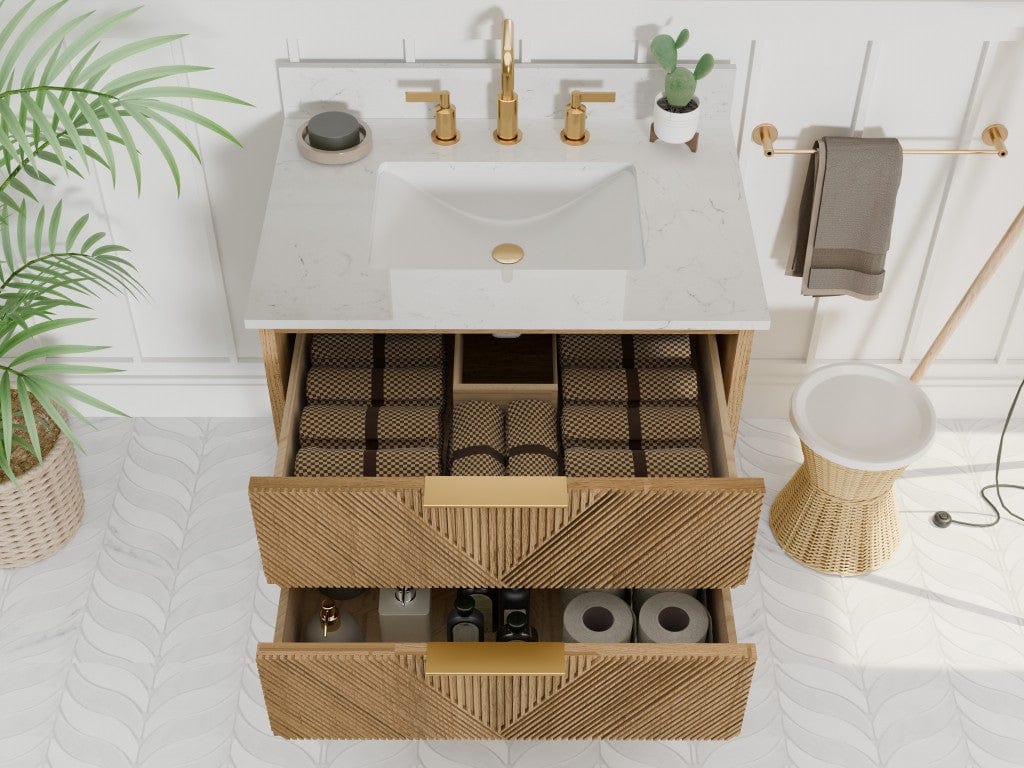 Waymart 30.5" Vanity Combo Brown Oak with White Quartz Top Horizon Tile