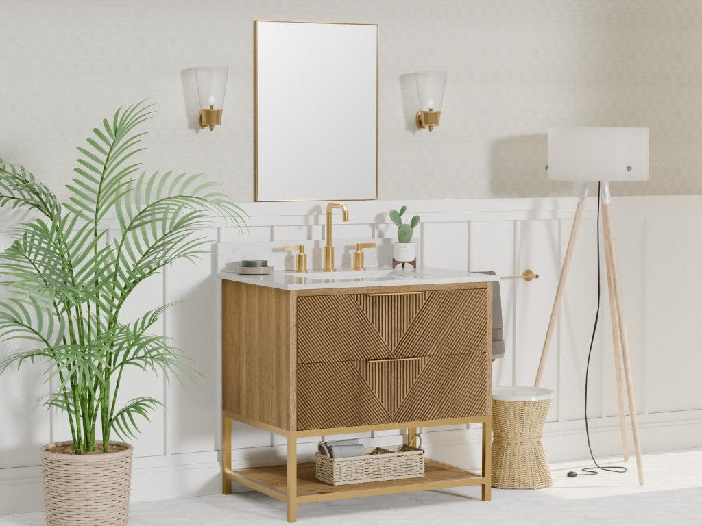 Waymart 30.5" Vanity Combo Brown Oak with White Quartz Top Horizon Tile