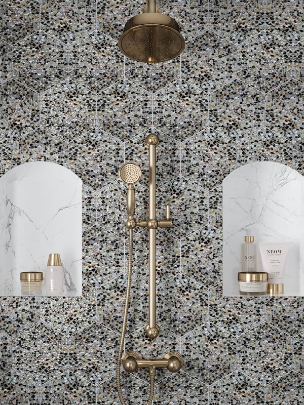 Aquaterra Black Hex Terrazzo and Shell Polished Tile | Oasis Tile