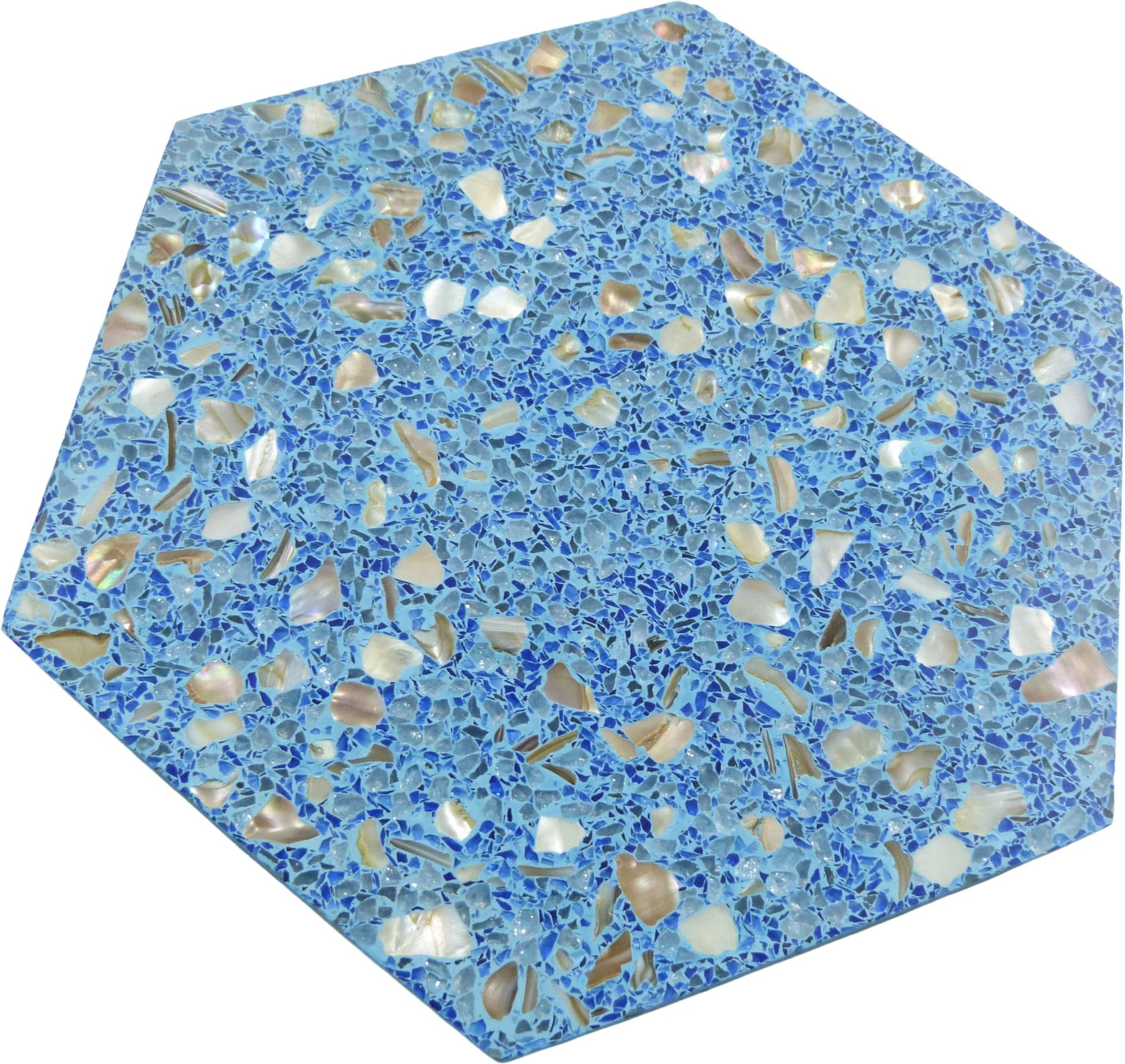 Aquaterra Blue Hex Terrazzo and Shell Polished Tile Matrix Mosaics