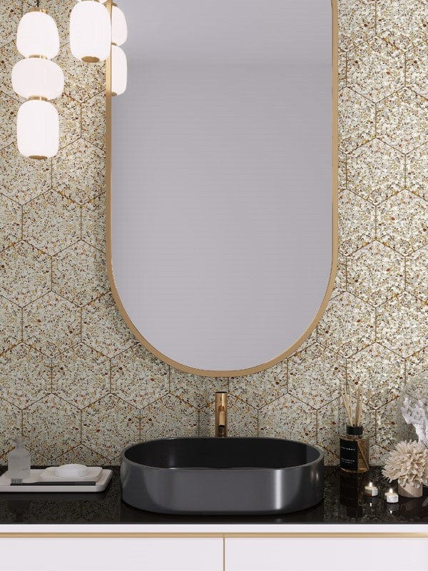 Aquaterra White Hex Terrazzo and Shell Polished Tile | Oasis Tile