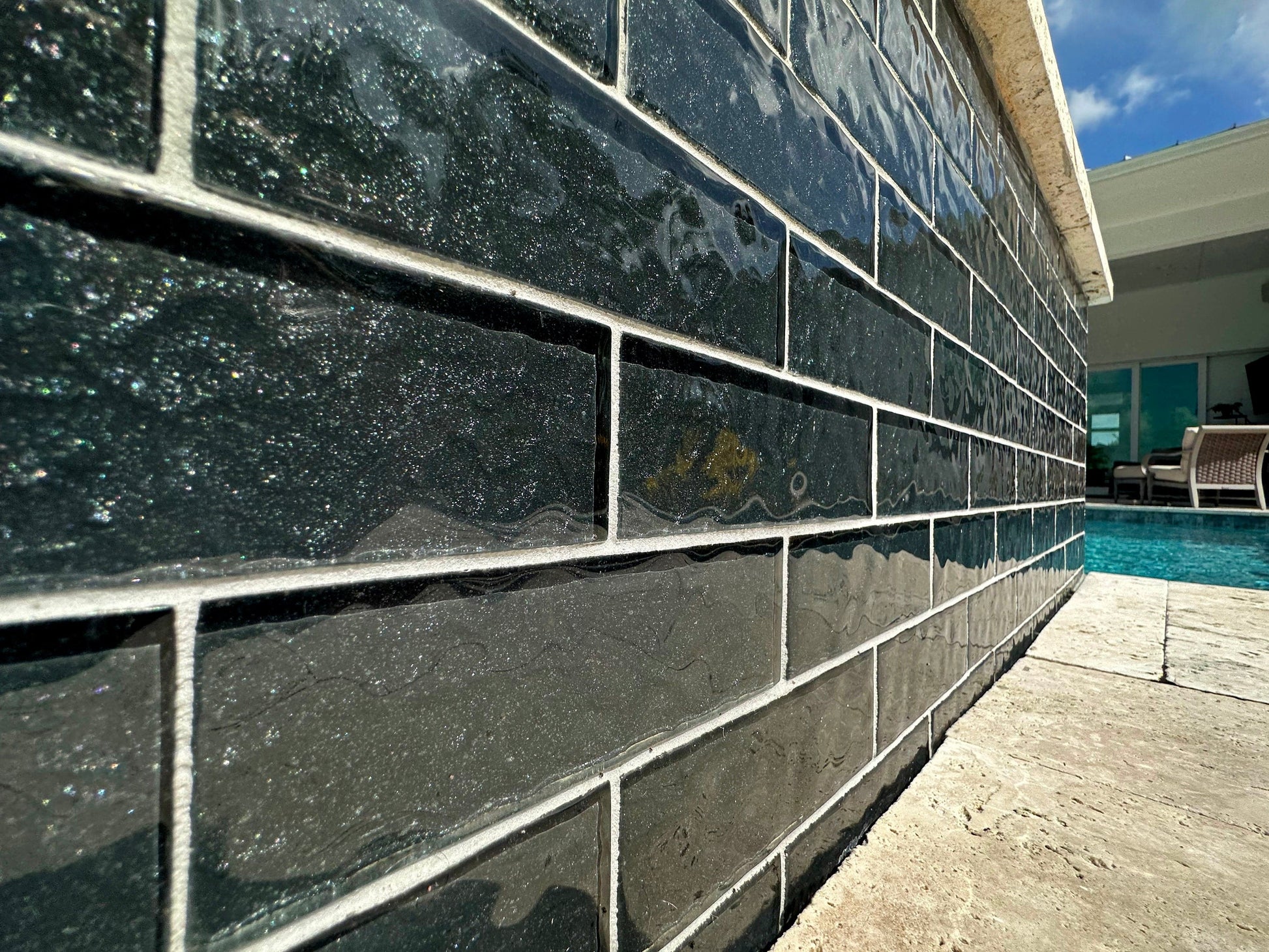 Moonscape Black 2x6 Ripple Glossy Glass Tile Ocean Pool Mosaics