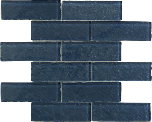 Moonscape Steel Blue 2x6 Ripple Glossy Glass Tile Ocean Pool Mosaics