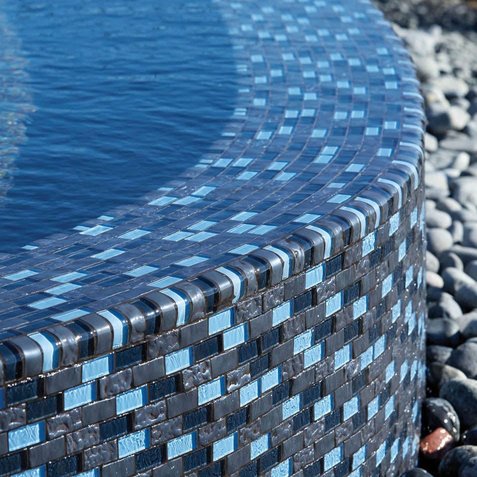 Titanium Trim Blue Blend 1x2 Glossy Glass Tile Ocean Pool Mosaics