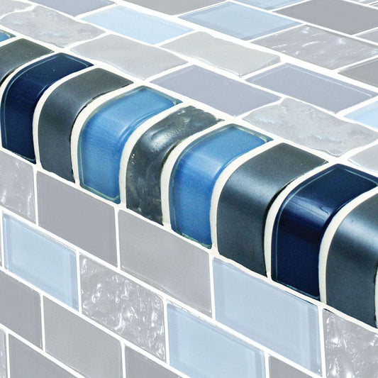 Titanium Trim Blue Blend 1x2 Glossy Glass Tile Ocean Pool Mosaics