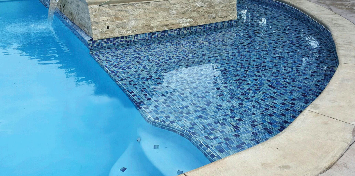 Watercolors Trim Caribbean Blue Blend 2x2 Glossy Glass Tile Ocean Pool Mosaics