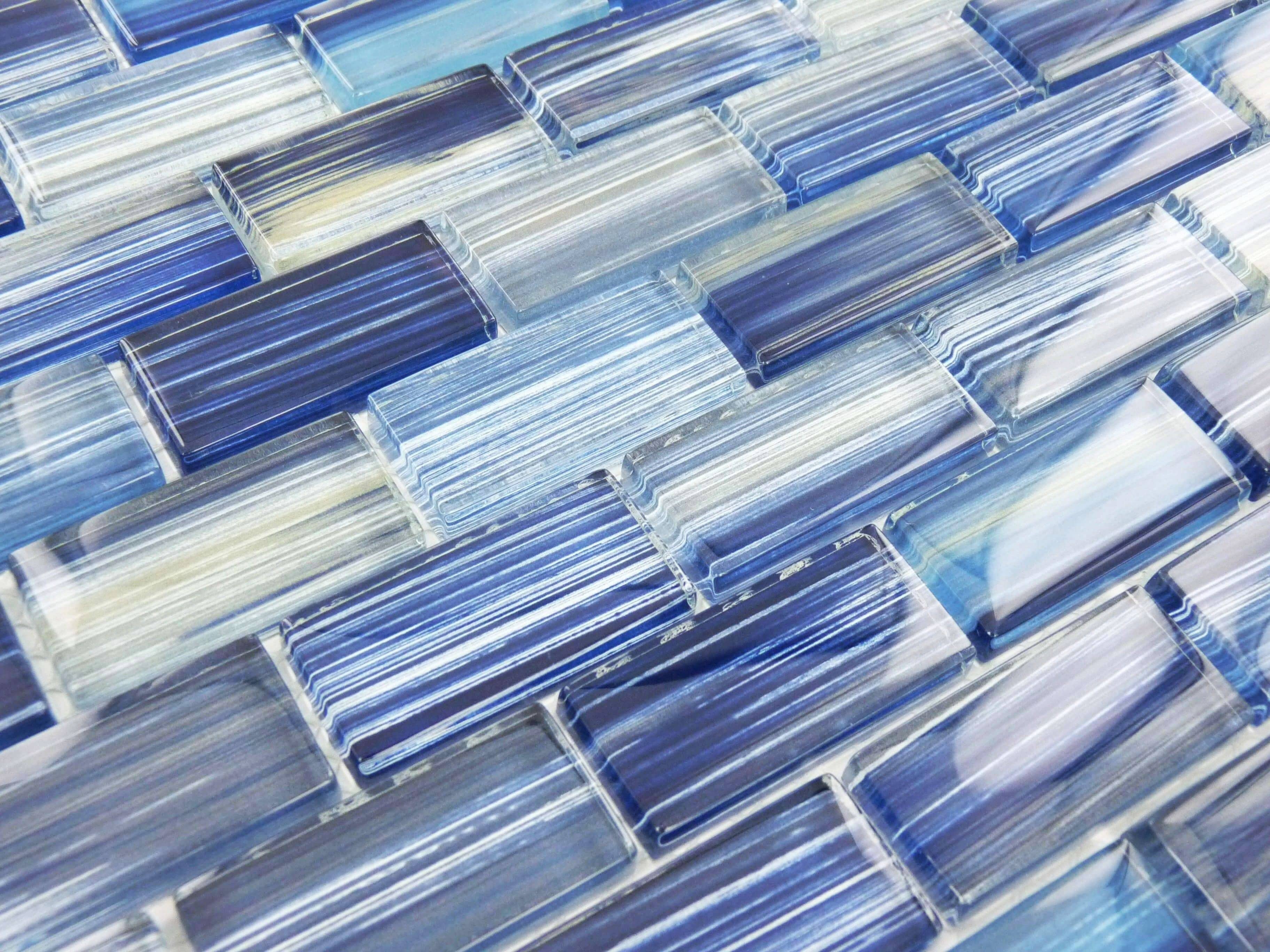 Watercolors Blue 1x2 Glossy Glass Tile Ocean Pool Mosaics