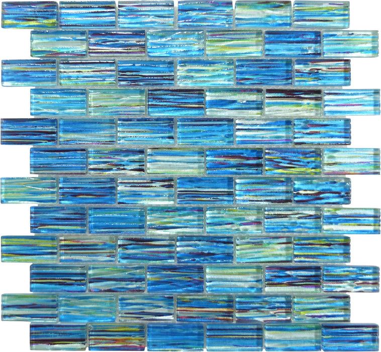Rainbow Streak Ocean Blue 1x2 Glossy Glass Tile Royal Tile & Stone