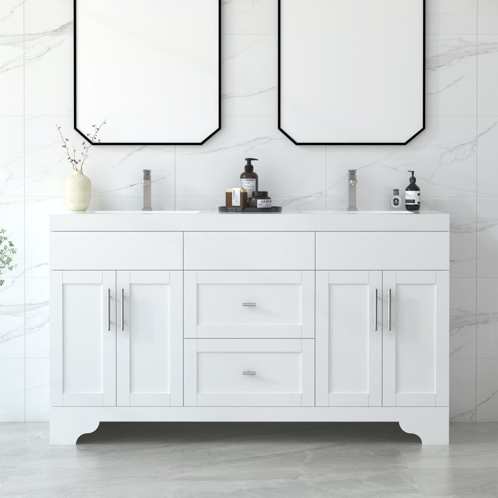 1905 Series 60" Vanity Matte White Double Sinks with Merged White Carrara Quartz Counterto Tuscan Glass