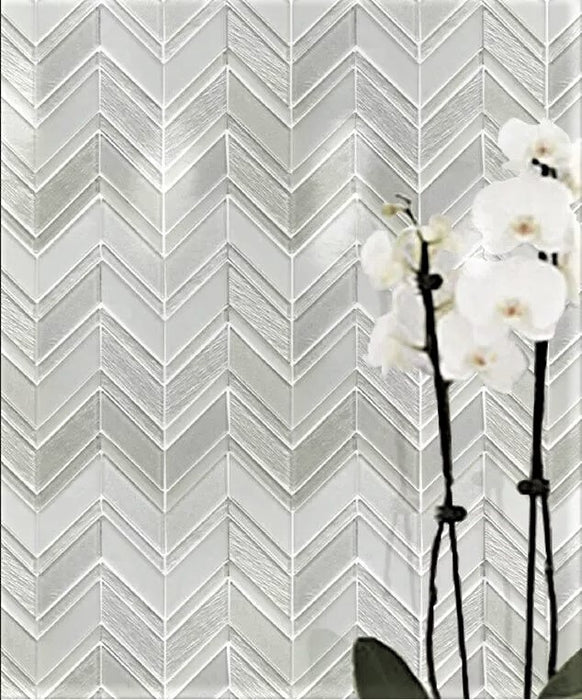 Metallic White Chevron Frosted and Glossy Glass Tile