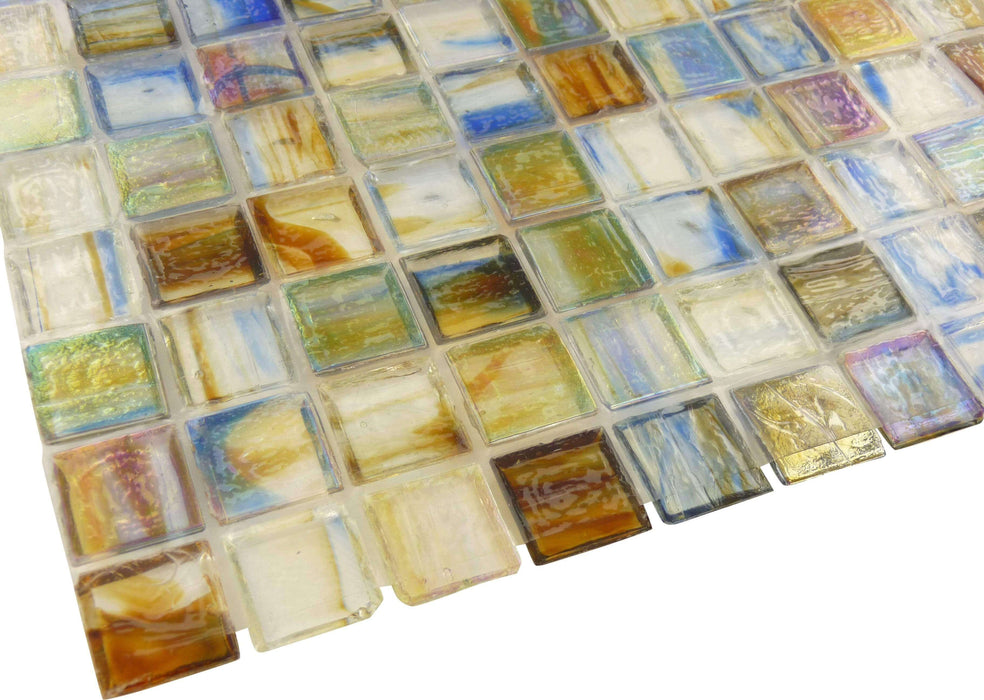 Blue 1'' x 1'' Glossy and Iridescent Glass Tile Botanical Glass
