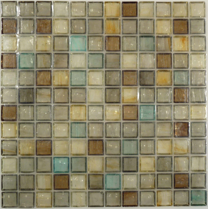 Brown,Grey, Green & Yellow Brown 1'' x 1'' Glass Glossy Tile Botanical Glass