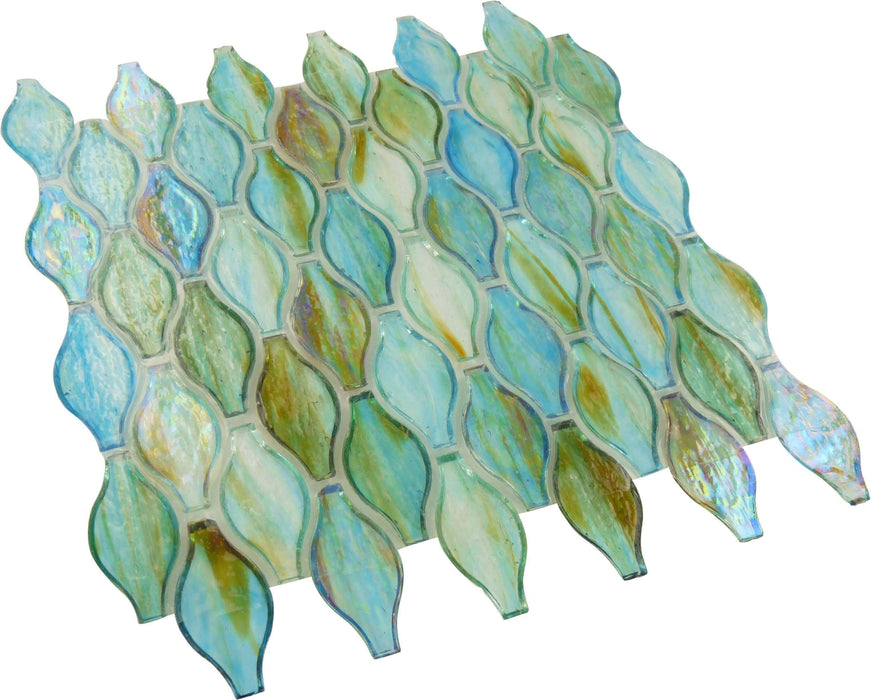 Clear Turquoise Green Unique Shapes Iridescent Glass Tile Botanical Glass